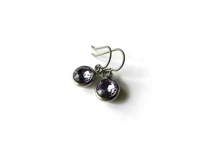 Purple rhinestone faceted dangle earrings - Pure titanium, stainless steel and rhinestone