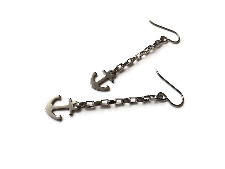 Anchor silver chain dangle earrings - Hypoallergenic pure titanium and stainless steel