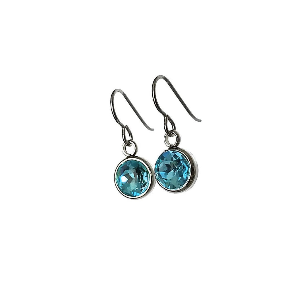 Aqua blue rhinestone faceted dangle earrings - Pure titanium, stainless steel and rhinestone