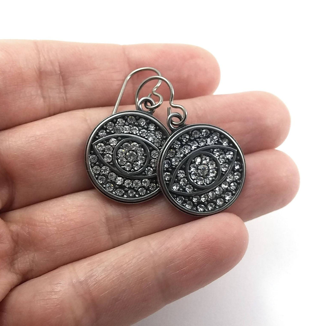 All seeing eye rhinestone dangle earrings - Hypoallergenic pure titanium and stainless steel