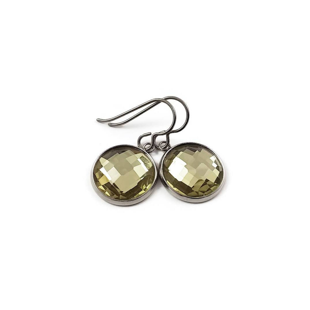 Citrine rhinestone faceted dangle earrings - Pure titanium, stainless steel and glass