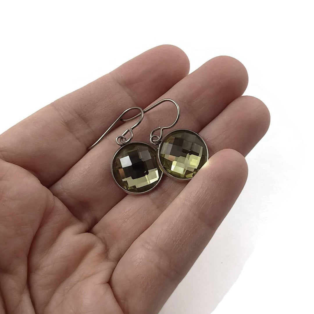 Citrine rhinestone faceted dangle earrings - Pure titanium, stainless steel and glass