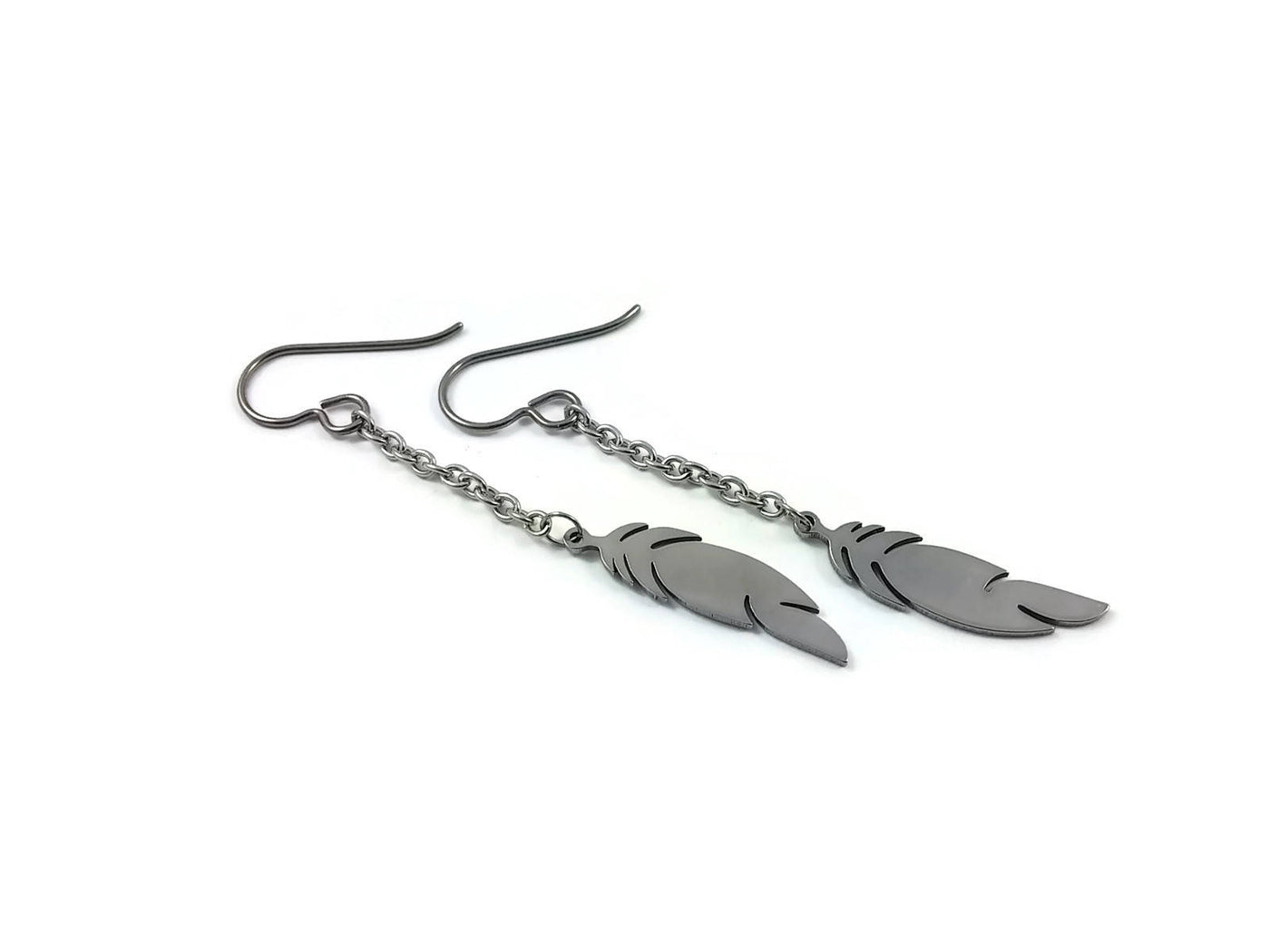 Feather silver chain dangle earrings - Hypoallergenic pure titanium and stainless steel