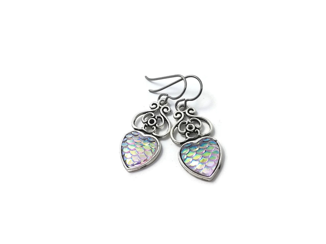 Heart of mermaid dangle earrings - Hypoallergenic pure titanium, stainless steel and resin