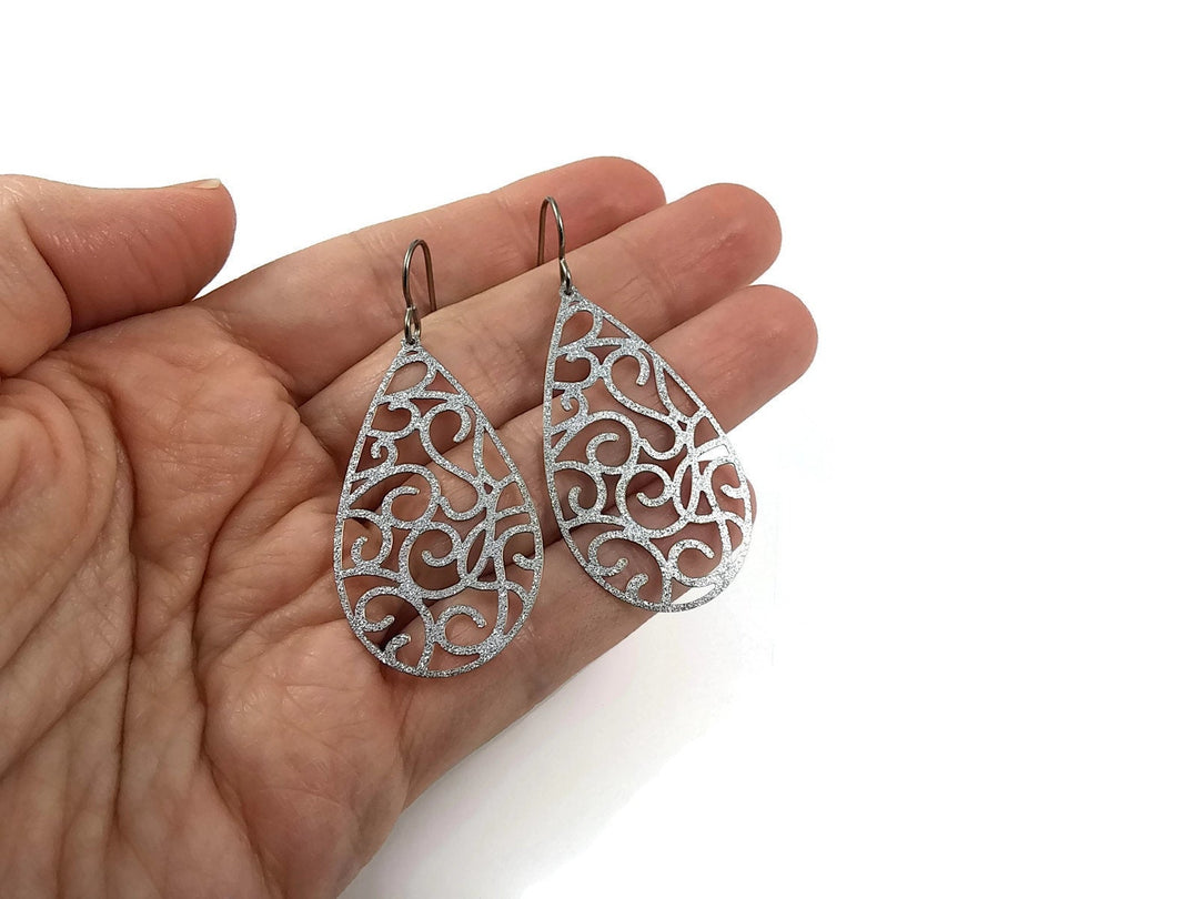 Silver glitter teardrop dangle earrings - Pure titanium and stainless steel
