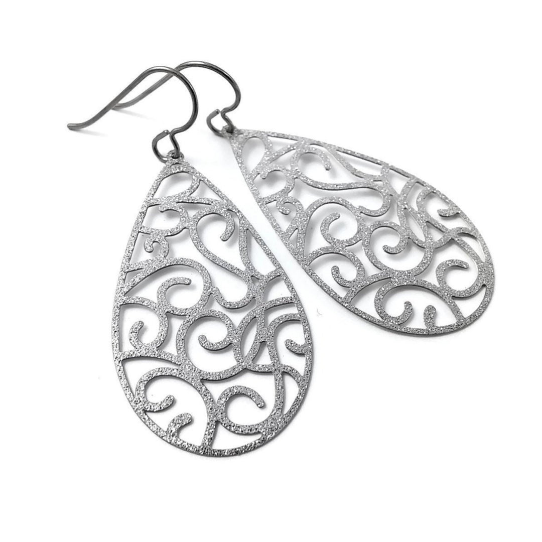 Silver glitter teardrop dangle earrings - Pure titanium and stainless steel