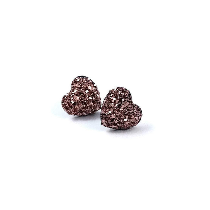 Champagne pink druzy heart stud earrings - Hypoallergenic pure titanium and resin
