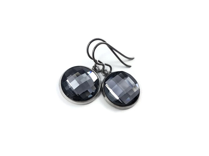 Grey rhinestone faceted dangle earrings - Pure titanium, stainless steel and glass