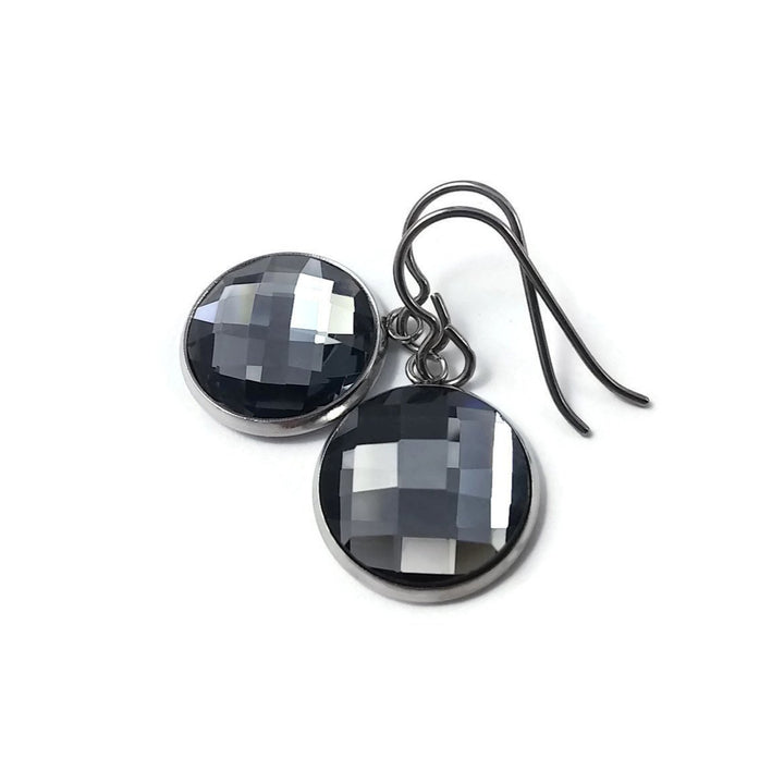 Grey rhinestone faceted dangle earrings - Pure titanium, stainless steel and glass