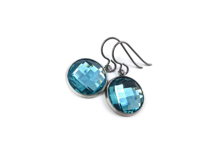 Aqua blue rhinestone faceted dangle earrings - Pure titanium, stainless steel and glass