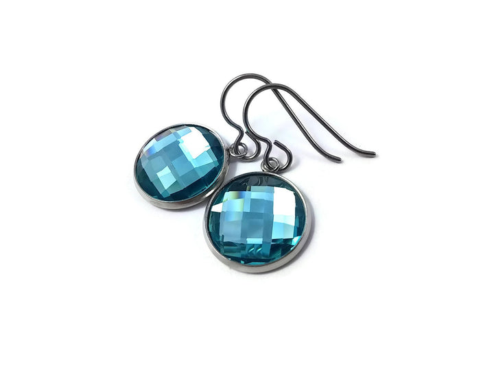 Aqua blue rhinestone faceted dangle earrings - Pure titanium, stainless steel and glass