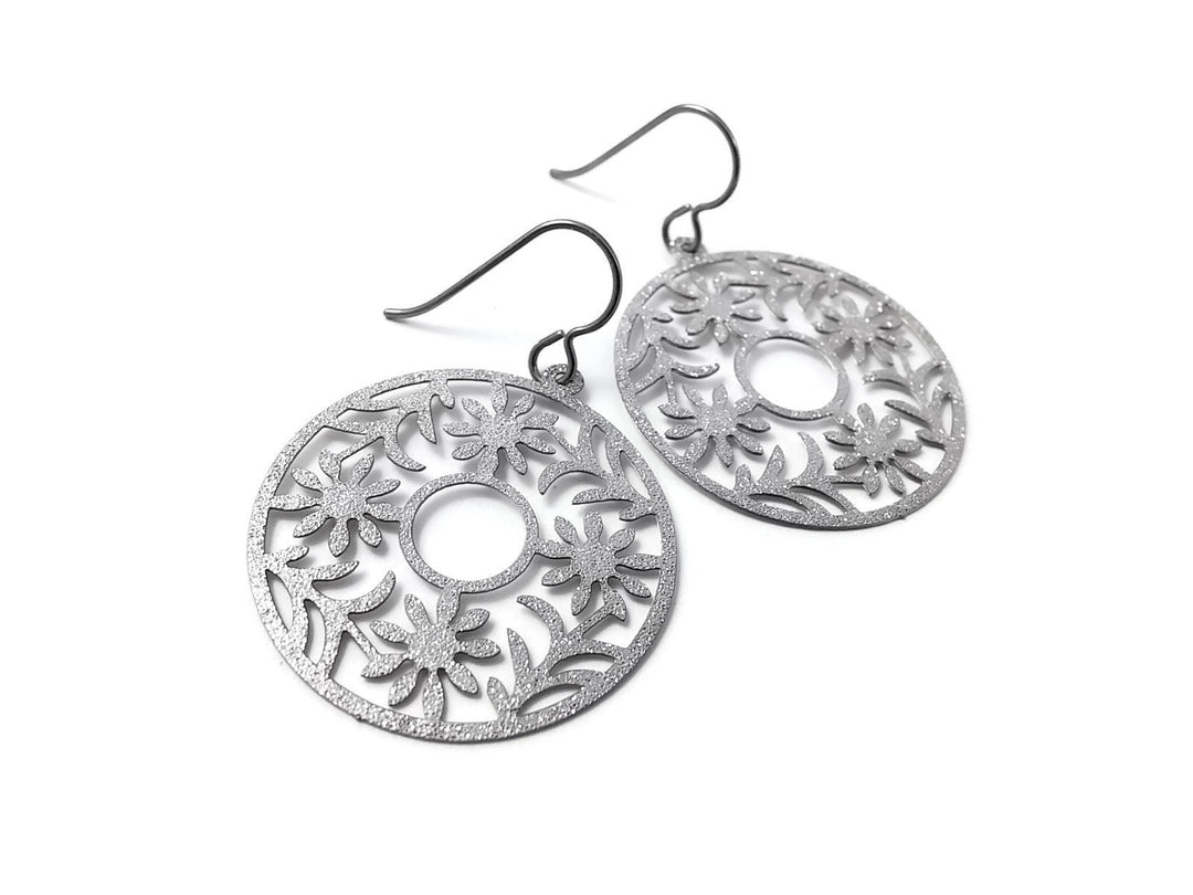 Silver glitter round dangle earrings - Pure titanium and stainless steel