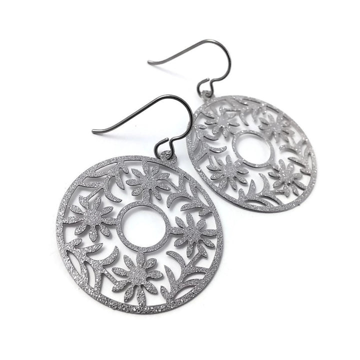 Silver glitter round dangle earrings - Pure titanium and stainless steel