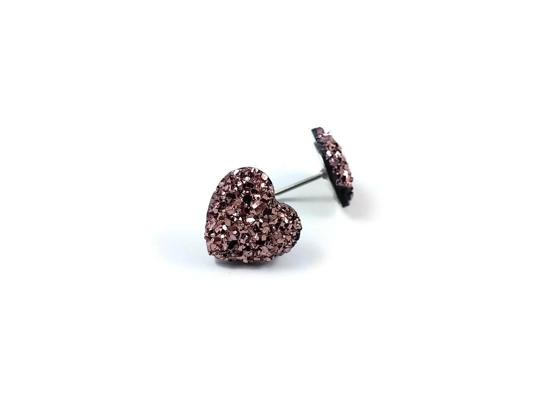 Champagne pink druzy heart stud earrings - Hypoallergenic pure titanium and resin