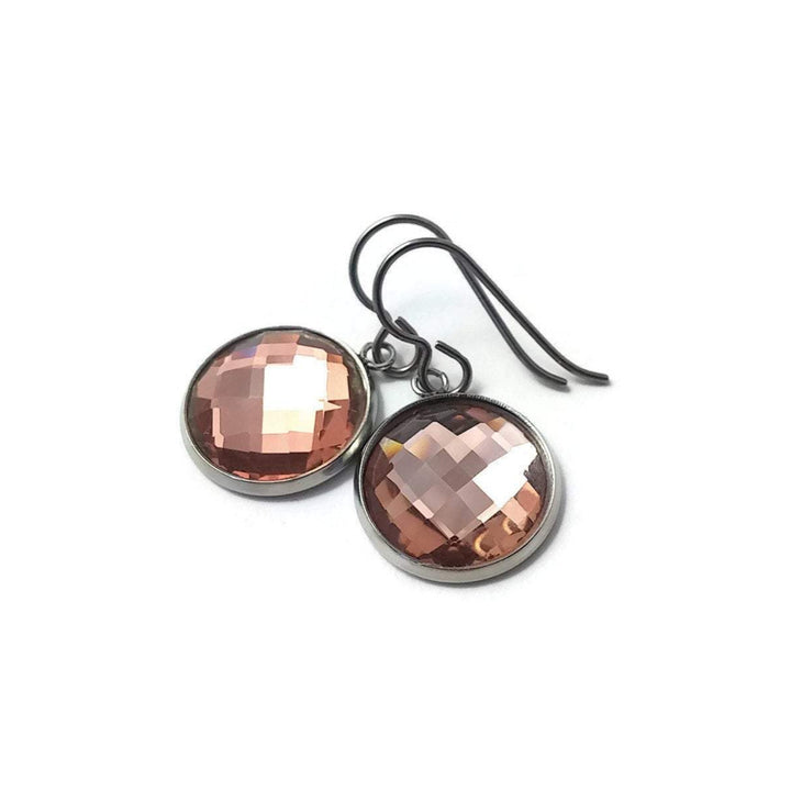 Peach rhinestone faceted dangle earrings - Pure titanium, stainless steel and glass