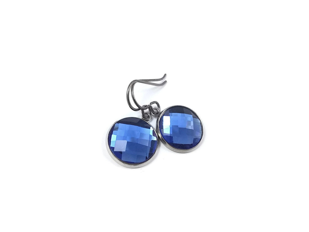 Blue rhinestone faceted dangle earrings - Pure titanium, stainless steel and glass