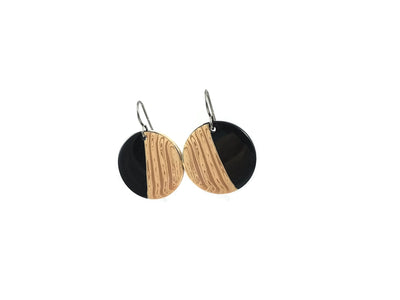 Black and wood effect dangle earrings - Hypoallergenic pure titanium and resin earrings