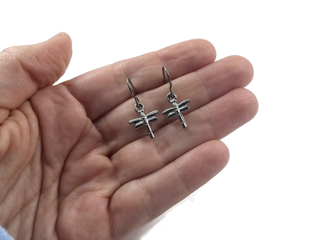 Silver dragonfly dangle earrings - Hypoallergenic pure titanium and plastic