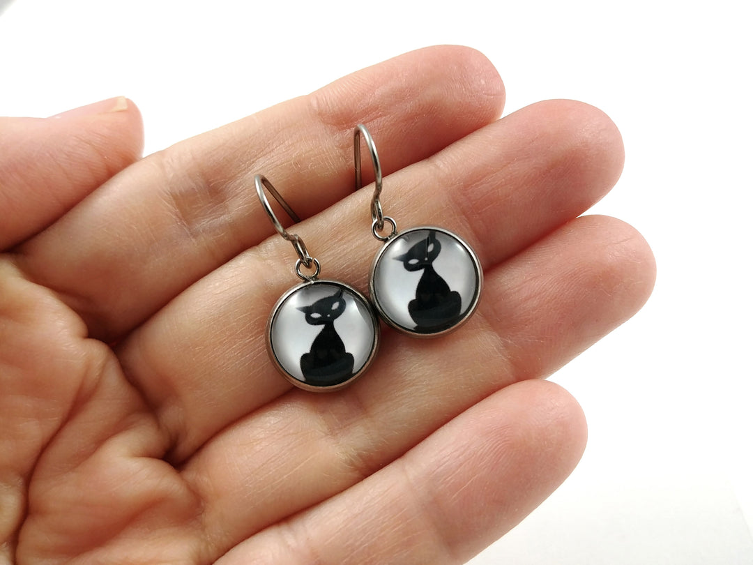 Black cat dangle earrings - Hypoallergenic pure titanium, stainless steel and glass jewelry