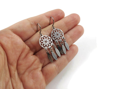 Dreamcatcher dangle earrings - Pure titanium and stainless steel