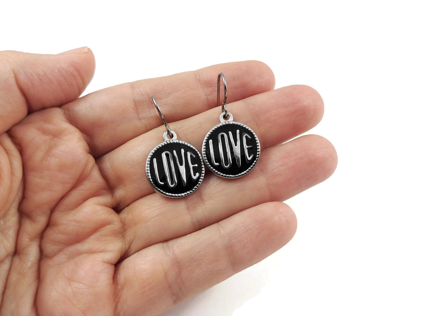Black or white enamel and silver love dangle earrings - Hypoallergenic pure titanium and stainless steel