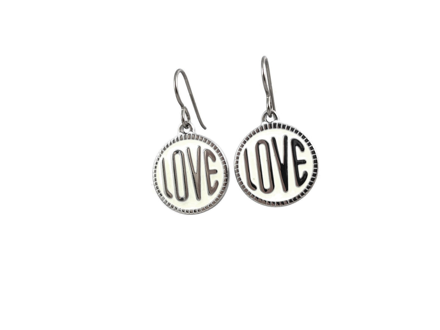 Black or white enamel and silver love dangle earrings - Hypoallergenic pure titanium and stainless steel