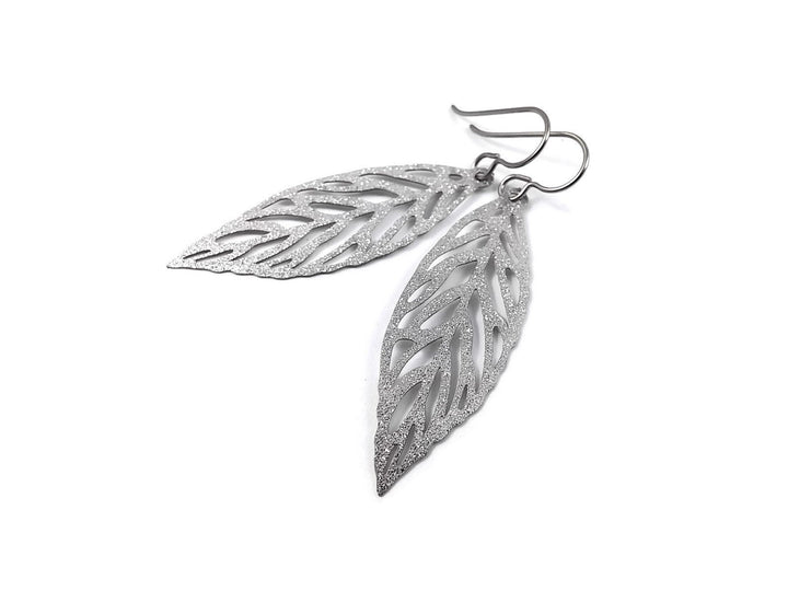 Silver glitter leaf dangle earrings - Pure titanium and stainless steel