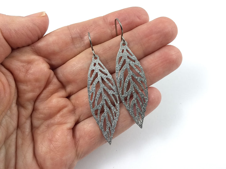Silver glitter leaf dangle earrings - Pure titanium and stainless steel