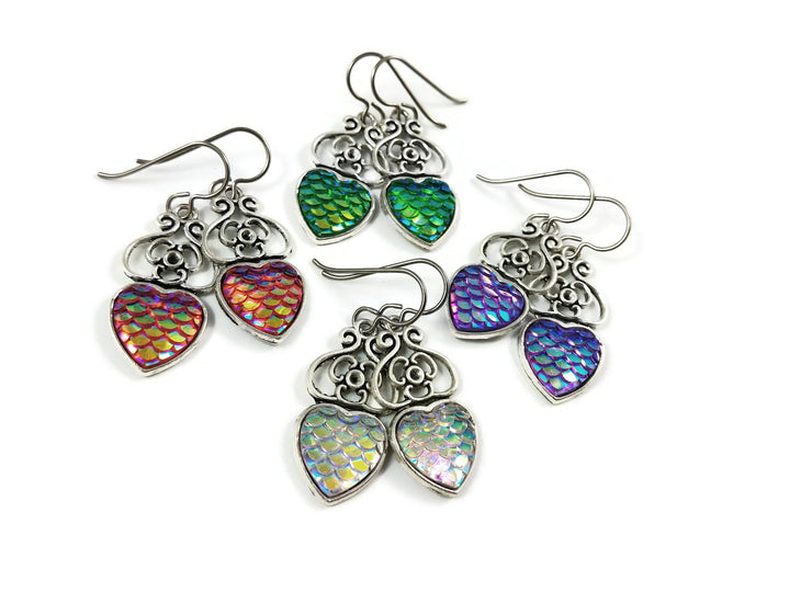 Heart of mermaid dangle earrings - Hypoallergenic pure titanium, stainless steel and resin