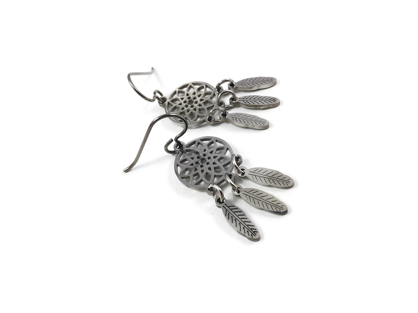 Dreamcatcher dangle earrings - Pure titanium and stainless steel