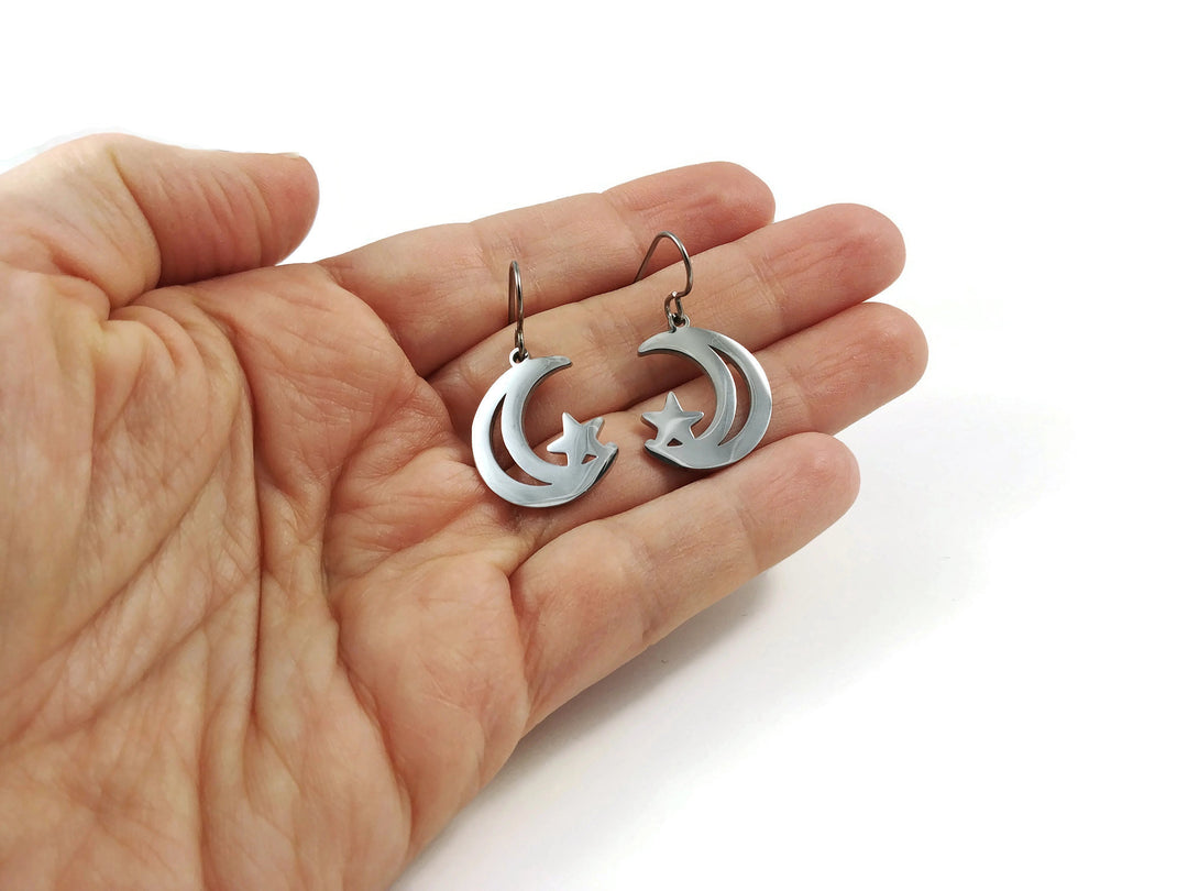 Moon and star dangle earrings - Hypoallergenic pure titanium and stainless steel