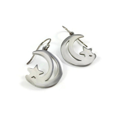 Moon and star dangle earrings - Hypoallergenic pure titanium and stainless steel