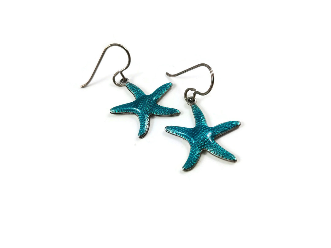 Boucles d'oreille étoile de mer émail aqua - Titane et Acier inoxydable 