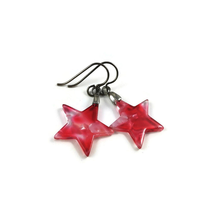 Red star drop dangle earrings - Hypoallergenic pure titanium and resin earrings