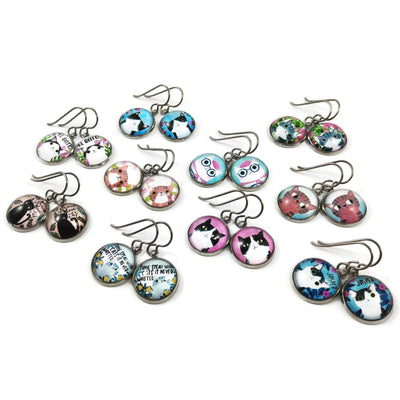 Mini cat dangle earrings - Hypoallergenic pure titanium, stainless steel and glass jewelry
