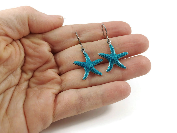 Aqua enamel star fish dangle earrings - Hypoallergenic pure titanium and stainless steel