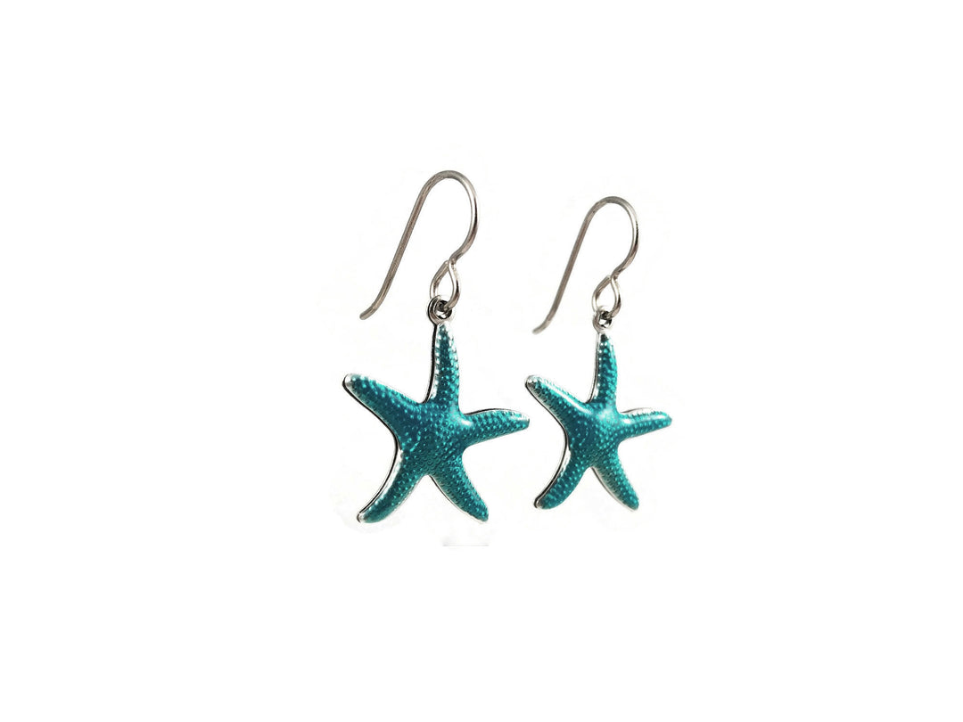Aqua enamel star fish dangle earrings - Hypoallergenic pure titanium and stainless steel
