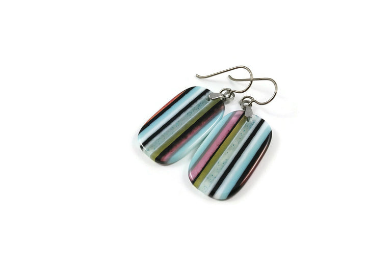 Aqua, white, black and pink drop dangle earrings - Hypoallergenic pure titanium and resin earrings