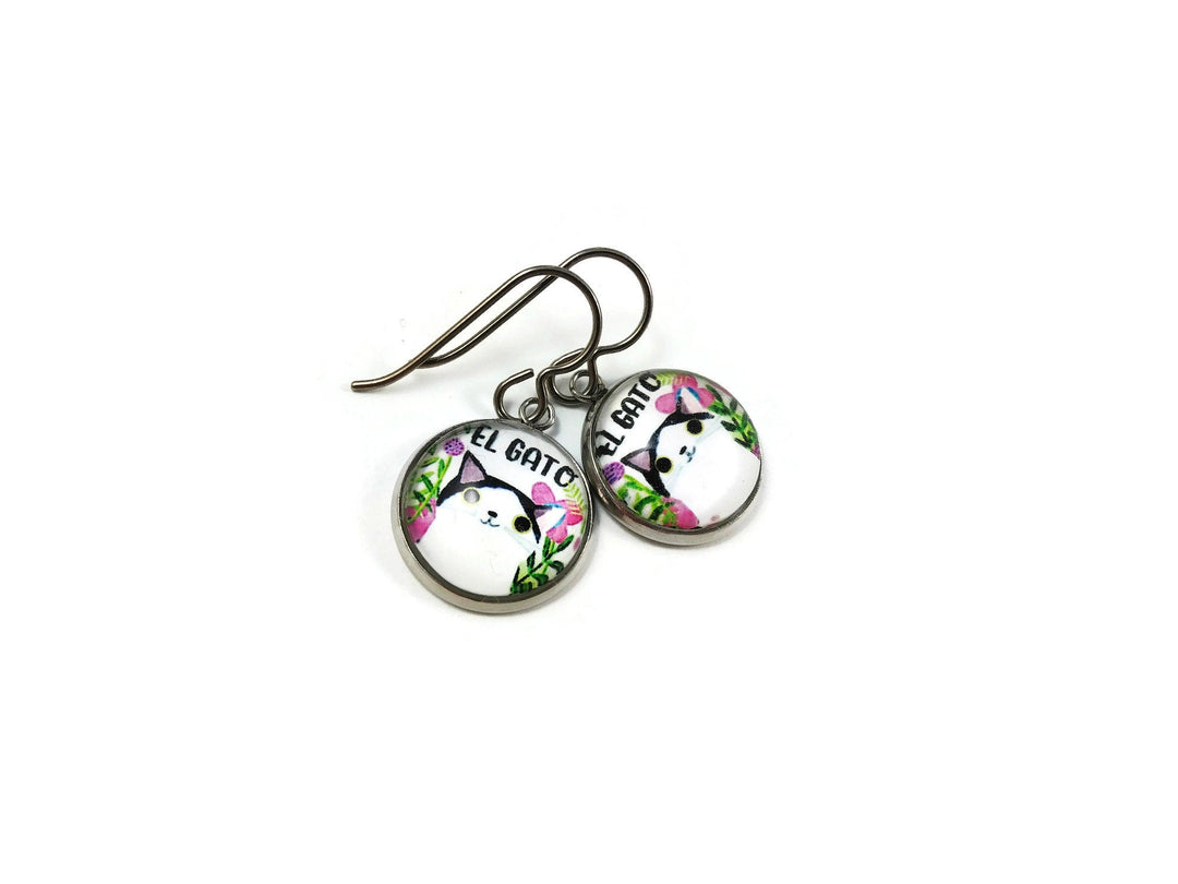 Mini cat dangle earrings - Hypoallergenic pure titanium, stainless steel and glass jewelry