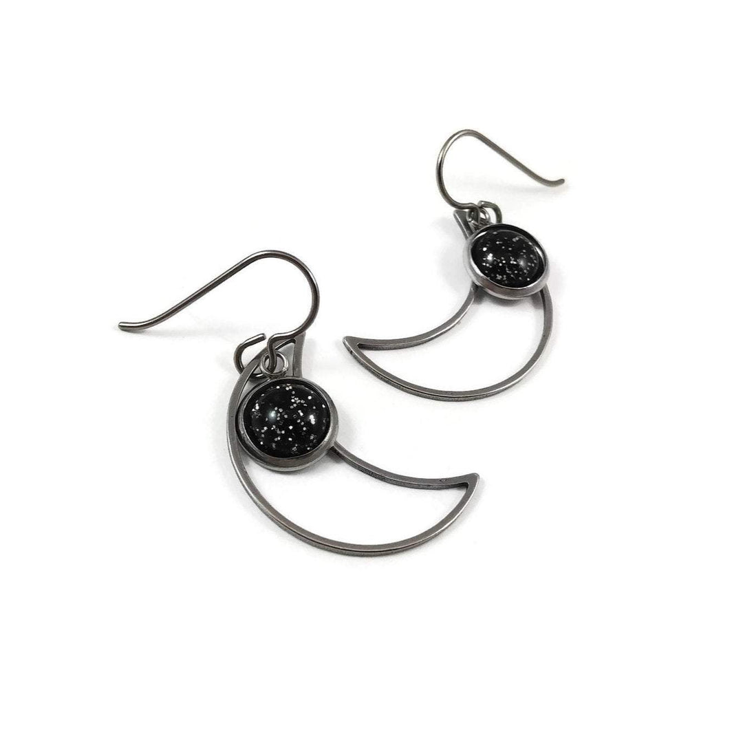 Moon and black glitter charm dangle earrings - Hypoallergenic pure titanium, resin and stainless steel