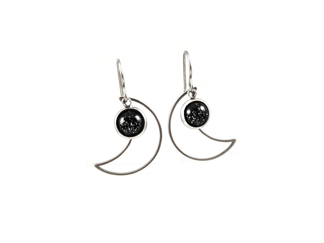 Moon and black glitter charm dangle earrings - Hypoallergenic pure titanium, resin and stainless steel