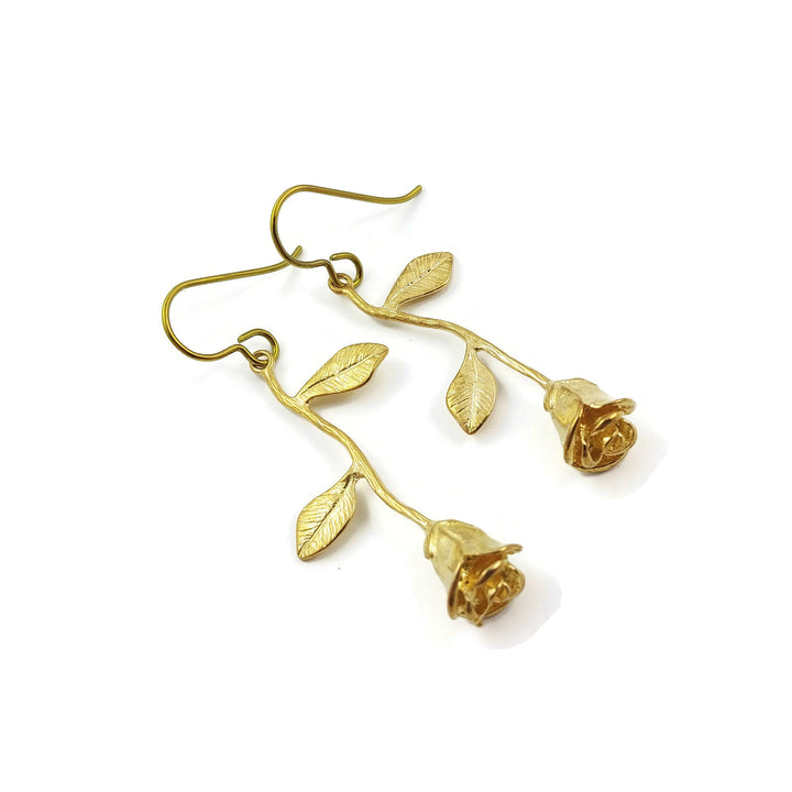 Gold rose flower dangle NIOBIUM earrings