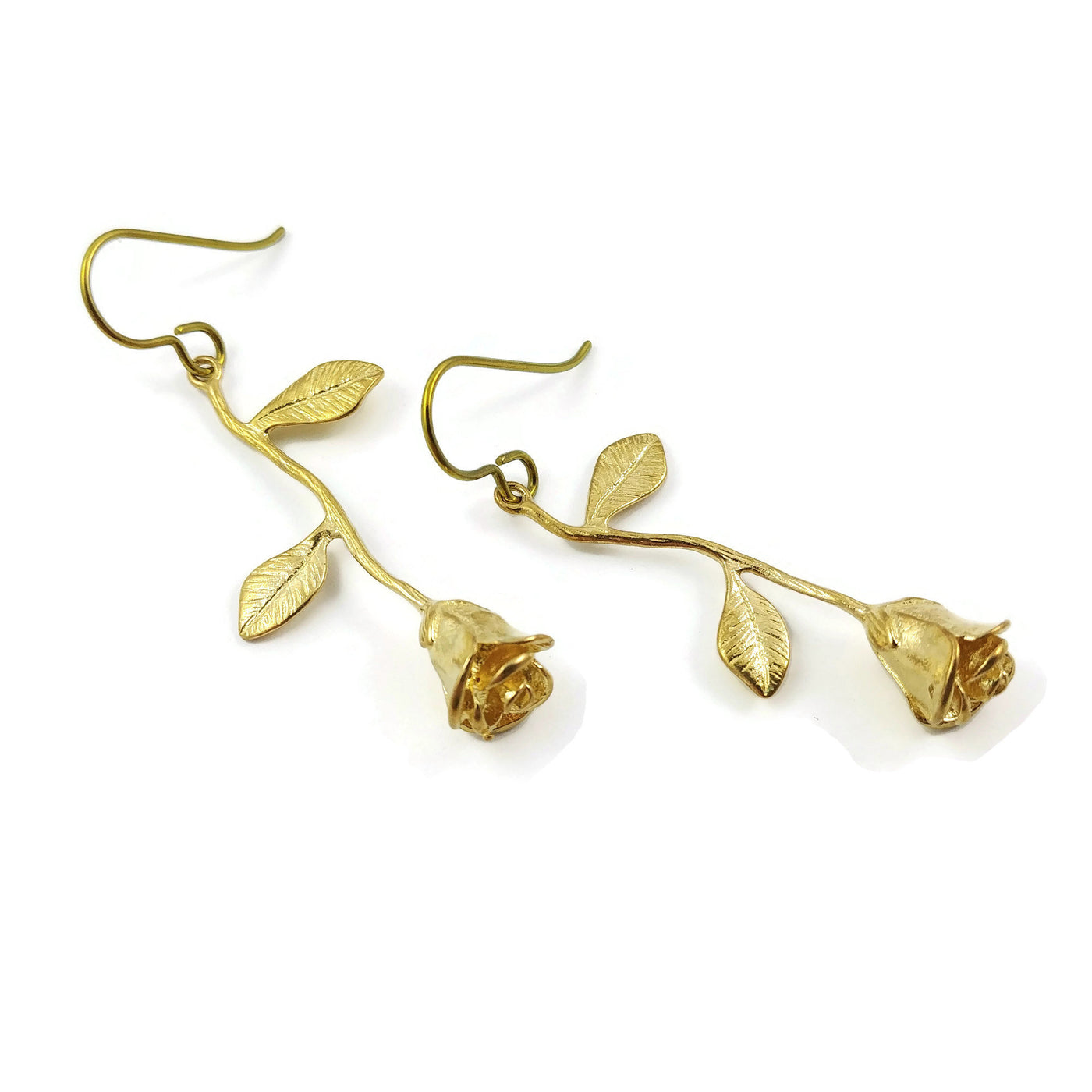 Gold rose flower dangle niobium earrings - Hypoallergenic nickel free, lead free and cadmium free