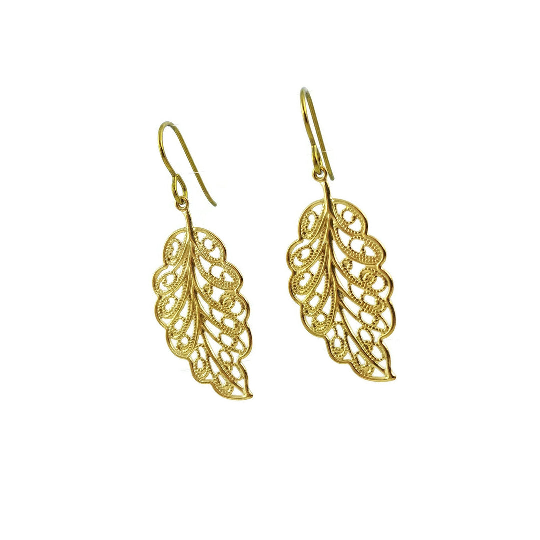 Gold filigree leaf dangle niobium earrings