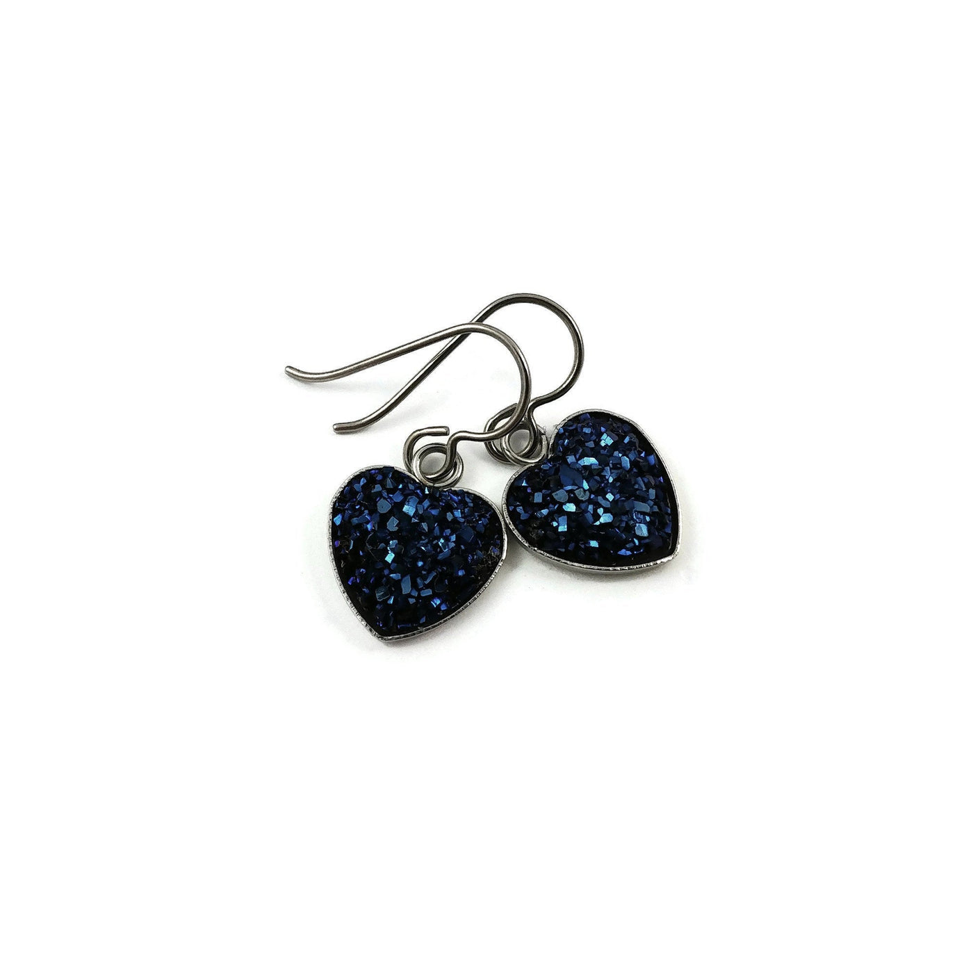Midnight blue druzy heart dangle earrings - Hypoallergenic pure titanium, stainless steel and resin