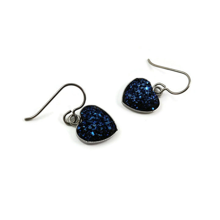 Midnight blue druzy heart titanium earrings