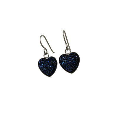 Midnight blue druzy heart dangle earrings - Hypoallergenic pure titanium, stainless steel and resin