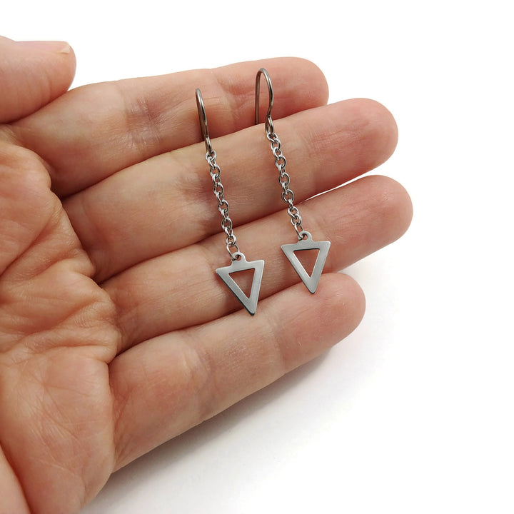 Triangle silver chain dangle earrings - Hypoallergenic pure titanium and stainless steel