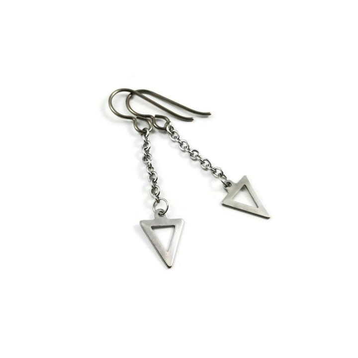 Triangle silver chain dangle earrings - Hypoallergenic pure titanium and stainless steel