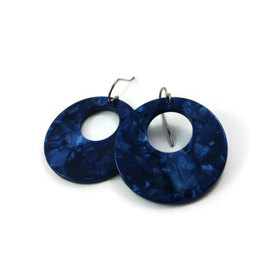 Deep blue hoops dangle earrings - Hypoallergenic pure titanium and resin earrings